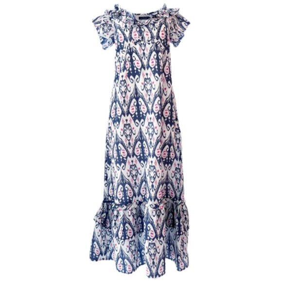 La Plage Sarah Ikat Print Maxi Dress XS Ruffle Navy Fuchsia - Picture 2 of 9